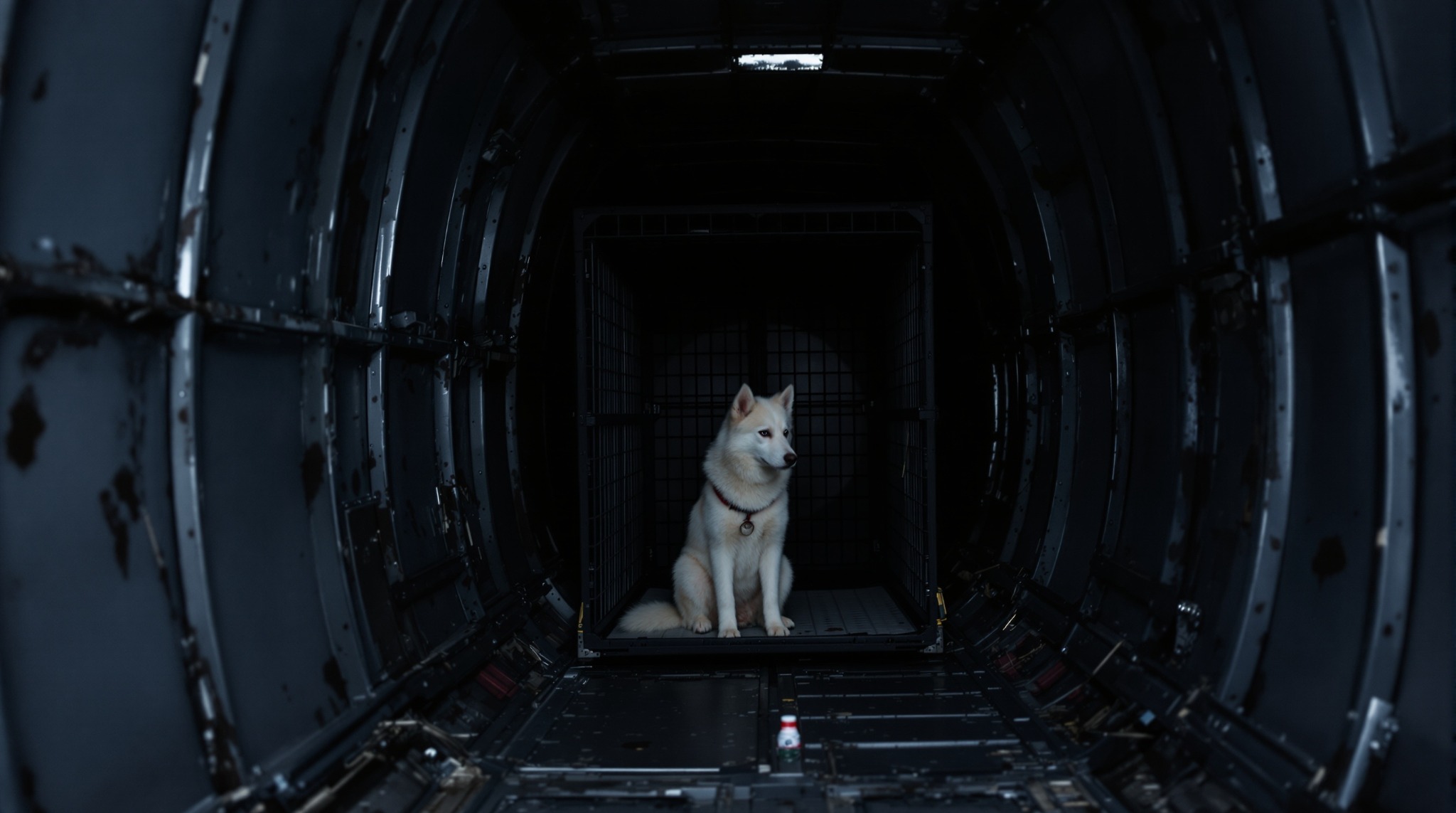 Husky filhote sozinho na jaula do porao